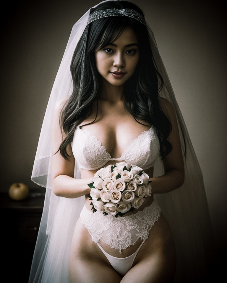 Sexy Asian bride in white lingerie and holding flowers.